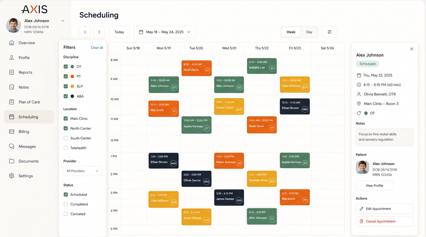 Scheduling view with color-coded OT, PT, SLP, and ABA sessions